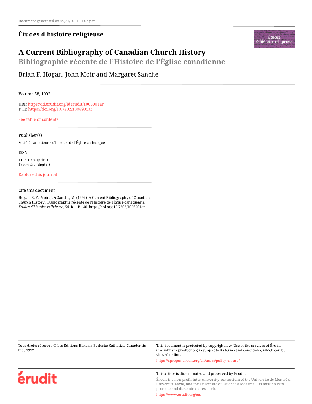 A Current Bibliography of Canadian Church History / Bibliographie Récente De L’Histoire De L’Église Canadienne