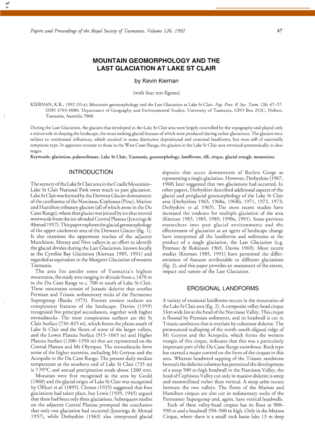 Mountain Geomorphology and the Last Glaciation at Lake St Clair