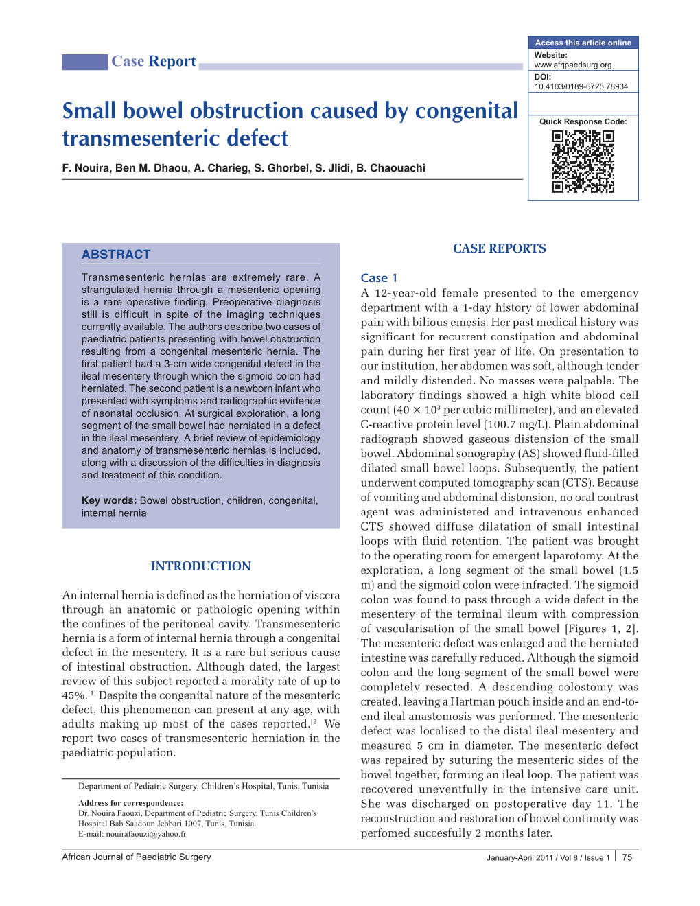 Small Bowel Obstruction Caused by Congenital Transmesenteric Defect