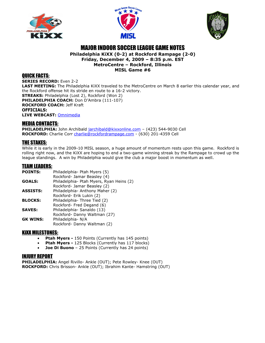 MAJOR INDOOR SOCCER LEAGUE GAME NOTES Philadelphia Kixx (0-2) at Rockford Rampage (2-0) Friday, December 4, 2009 – 8:35 P.M