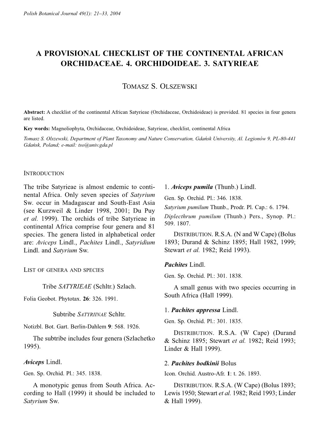 A Provisional Checklist of the Continental African Orchidaceae