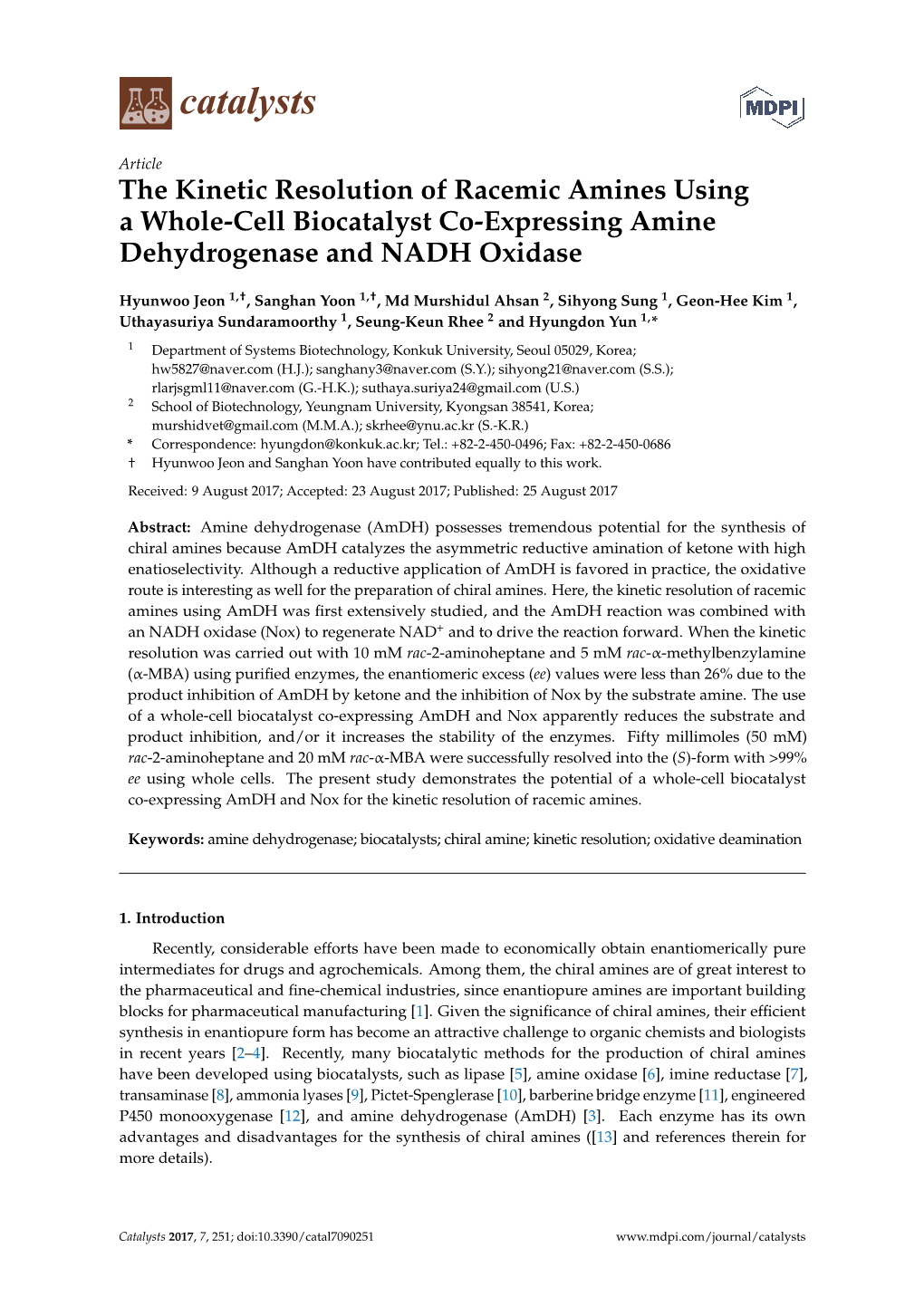 The Kinetic Resolution of Racemic Amines Using a Whole-Cell Biocatalyst Co-Expressing Amine Dehydrogenase and NADH Oxidase