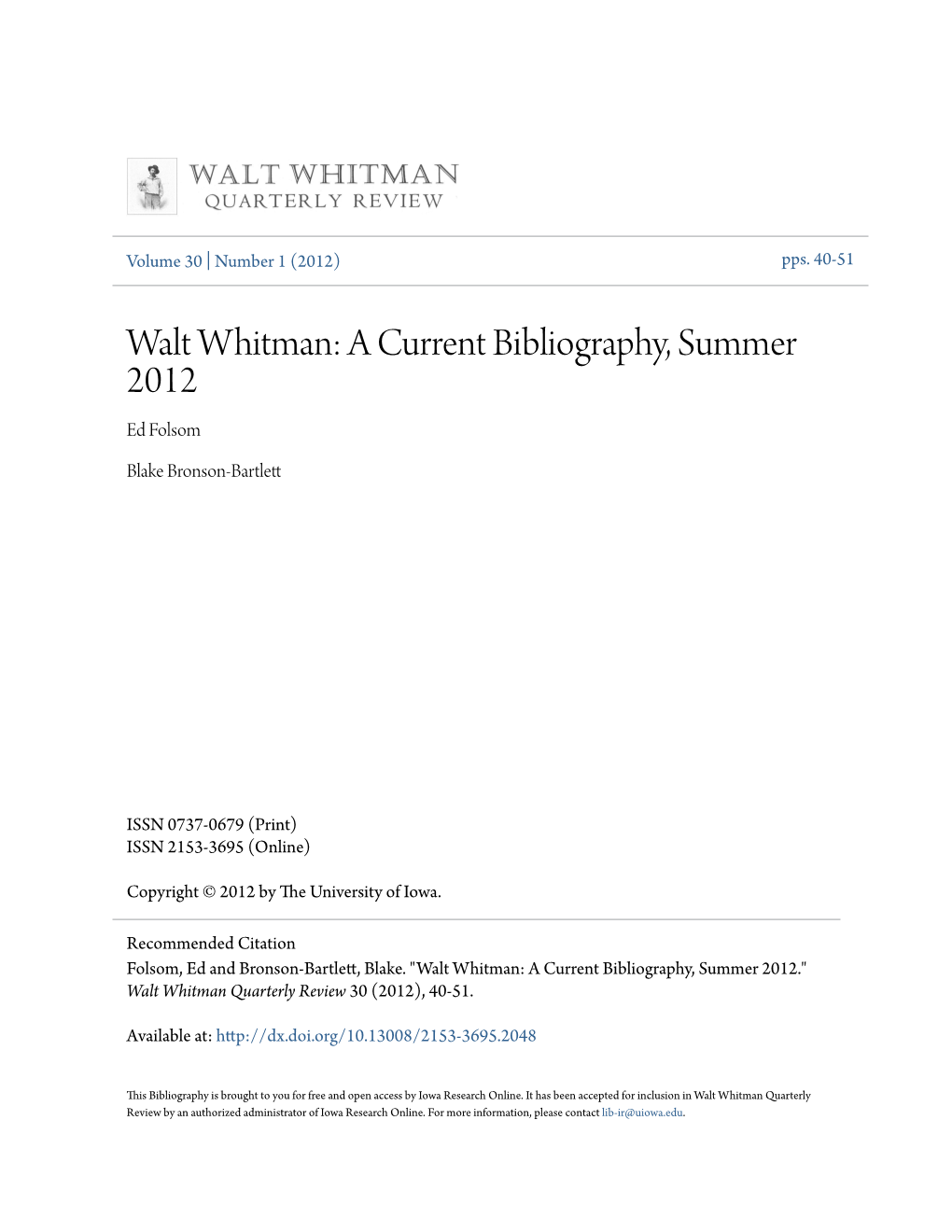 Walt Whitman: a Current Bibliography, Summer 2012 Ed Folsom