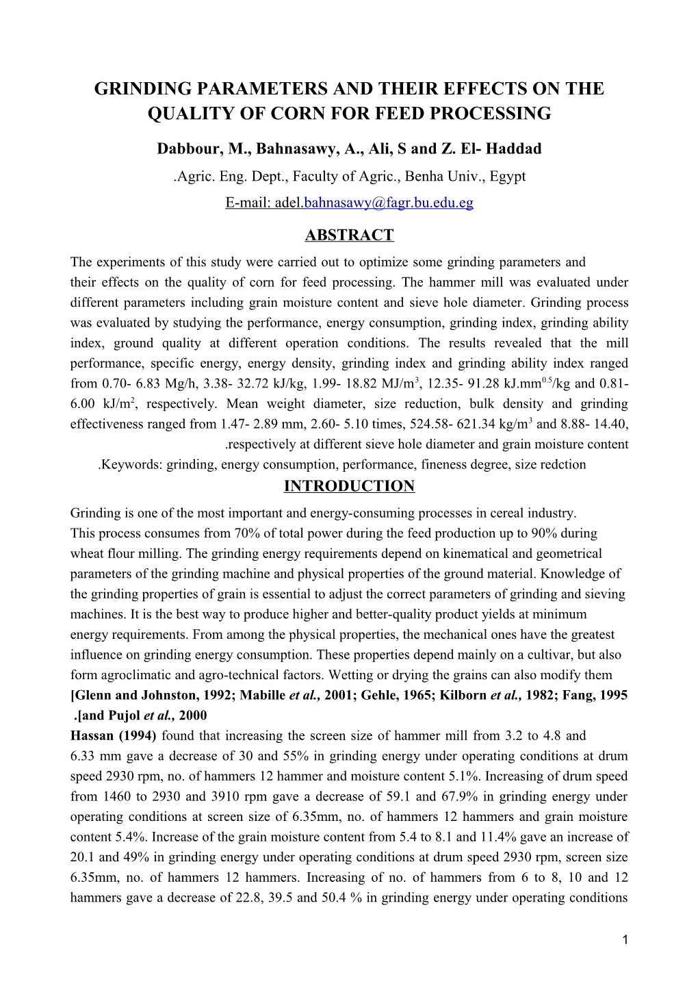 Grinding Parameters and Their Effects on the Quality of Corn for Feed Processing