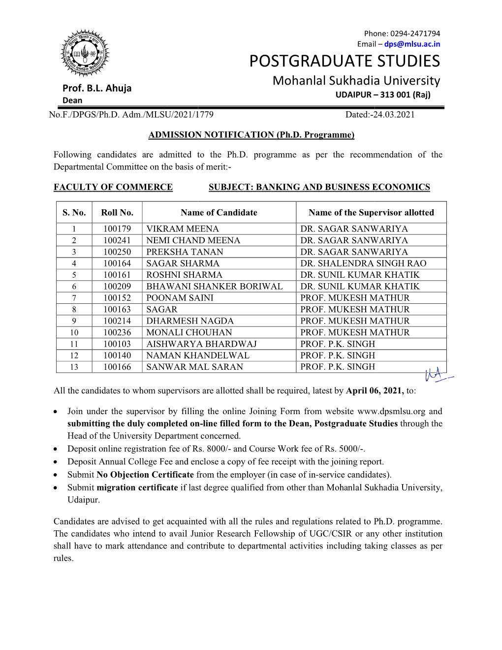 POSTGRADUATE STUDIES Mohanlal Sukhadia University Prof