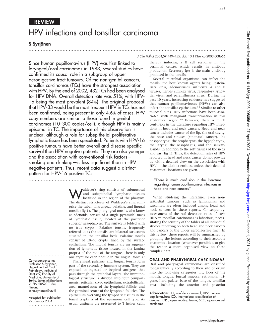 HPV Infections and Tonsillar Carcinoma S Syrja¨Nen