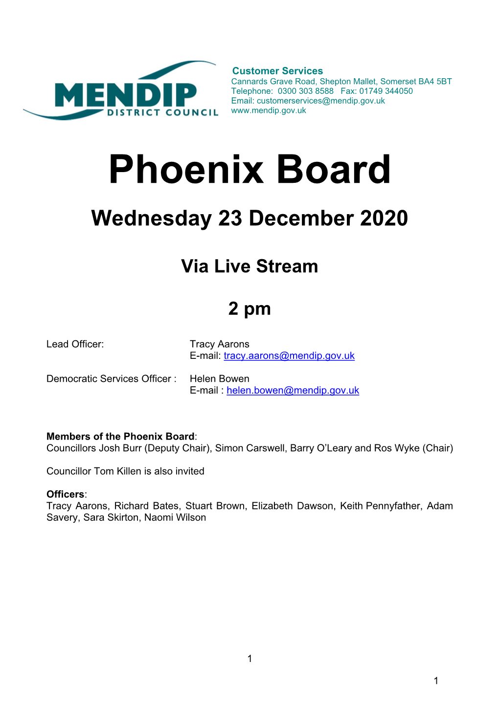 Phoenix Board 23.12.20 Agenda and Reports