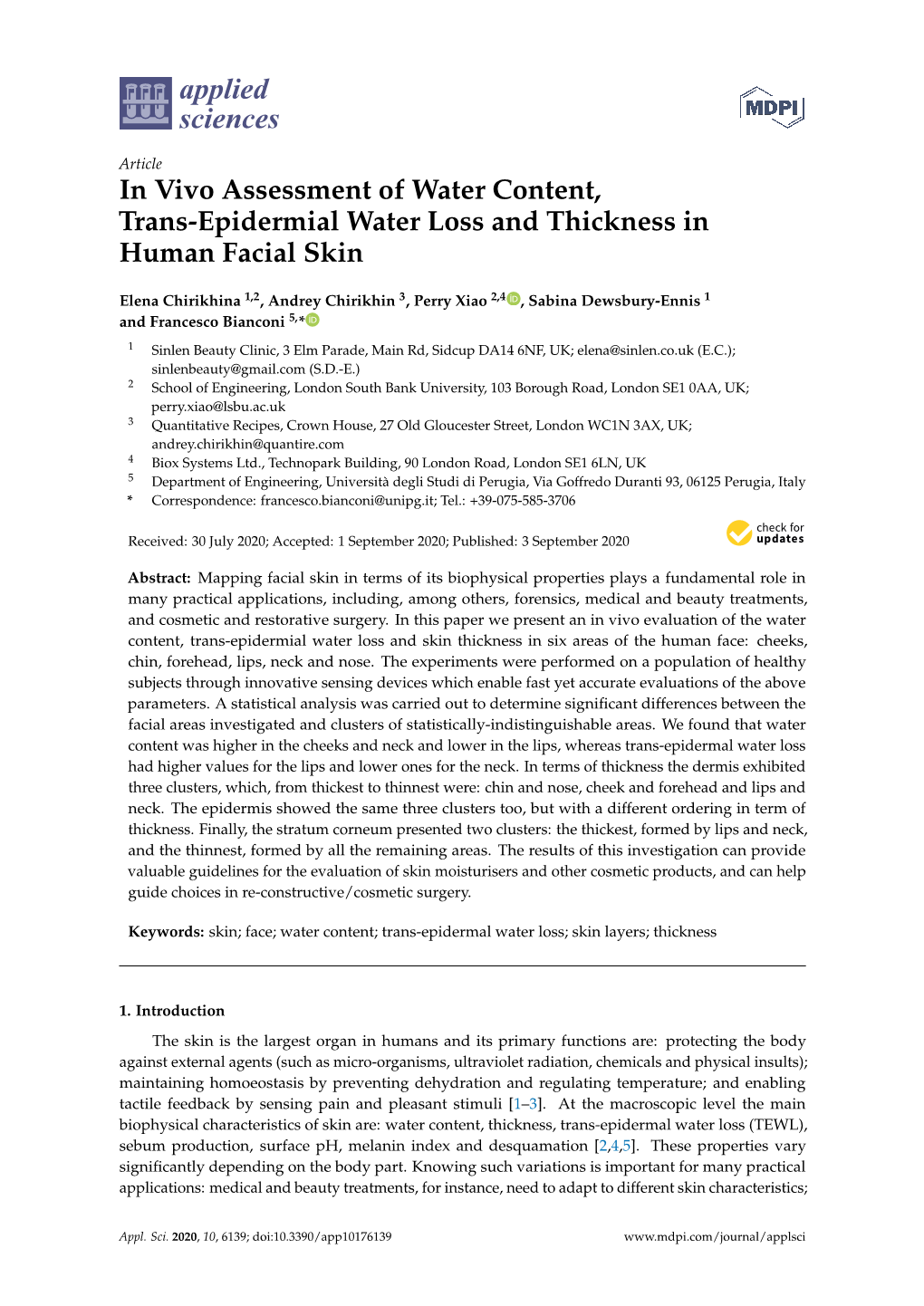 In Vivo Assessment of Water Content, Trans-Epidermial Water Loss and Thickness in Human Facial Skin