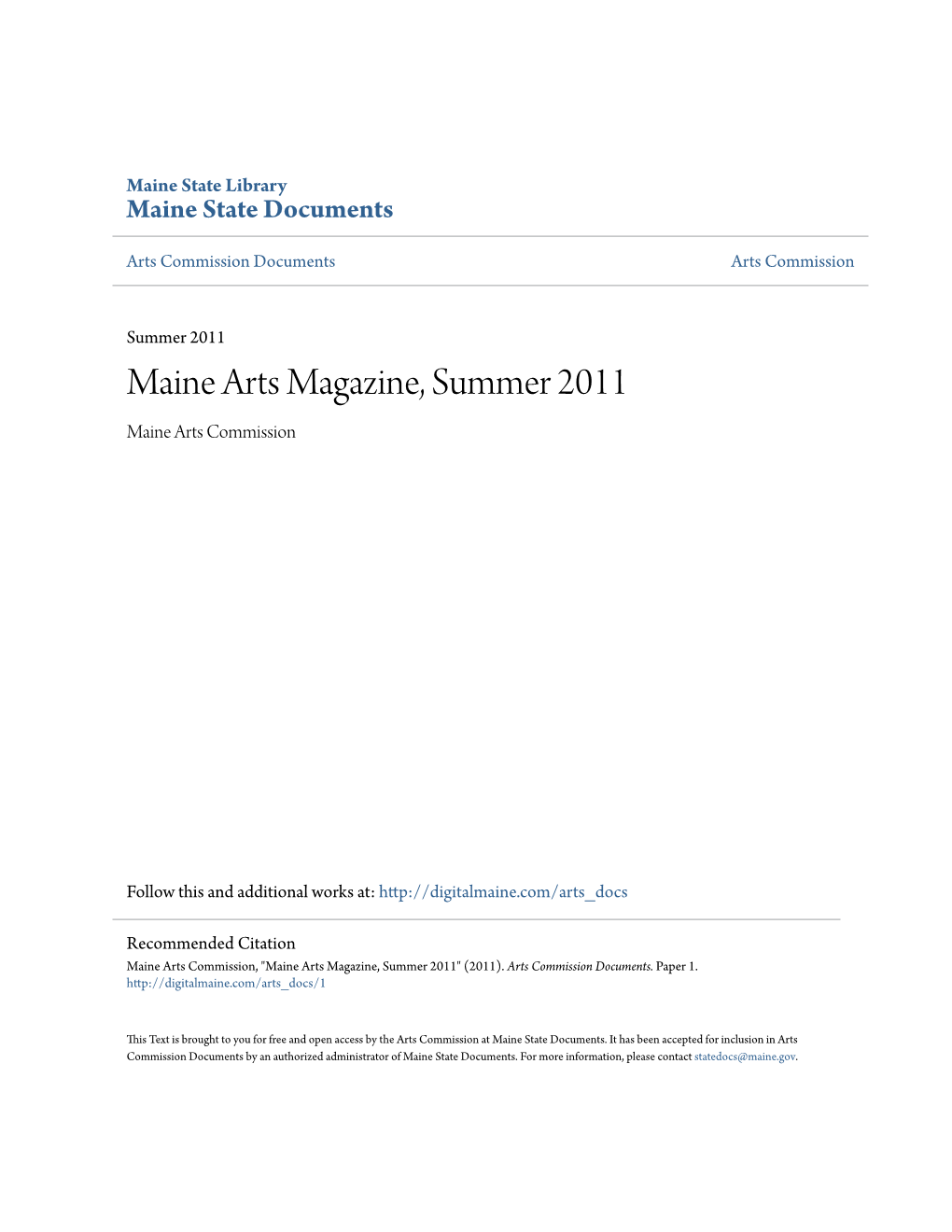 Maine Arts Magazine, Summer 2011 Maine Arts Commission