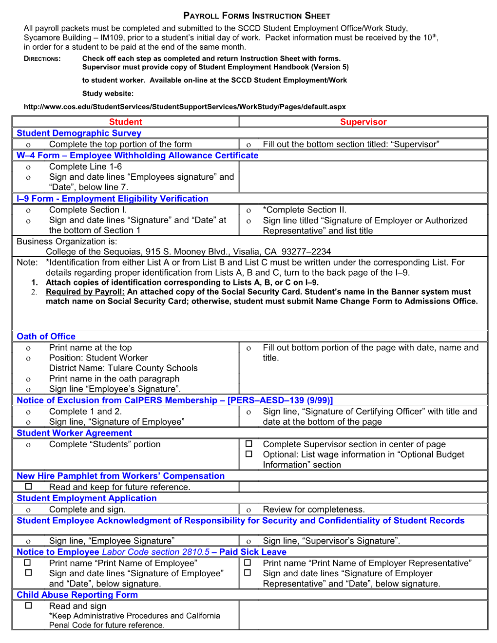 Instruction Sheet for Completing Payroll Packets