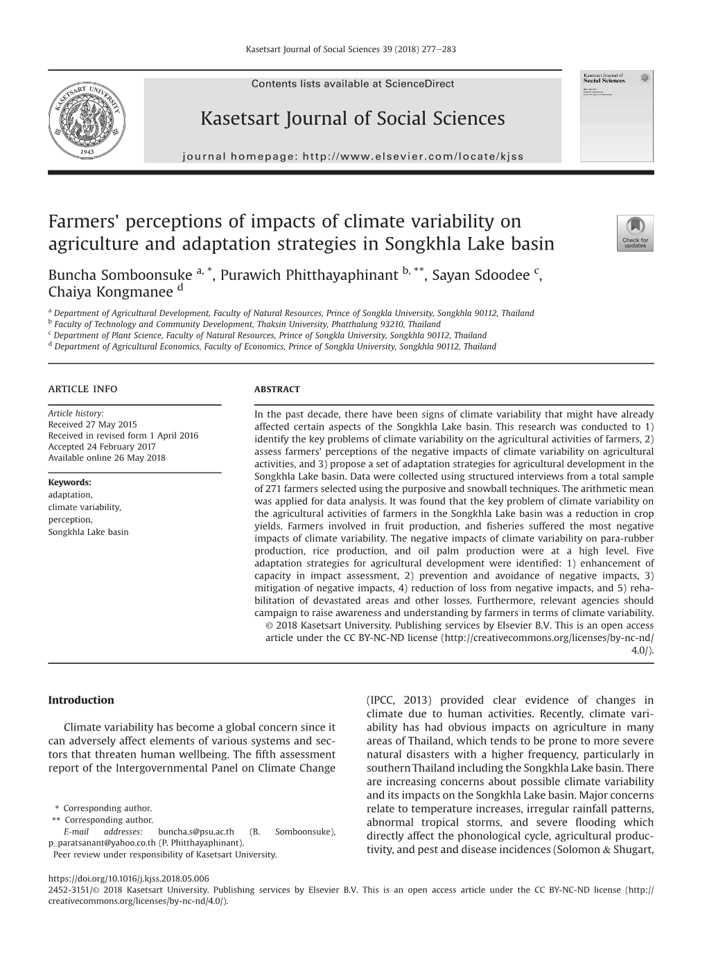 Farmers' Perceptions of Impacts of Climate Variability on Agriculture and Adaptation Strategies in Songkhla Lake Basin Kasetsart