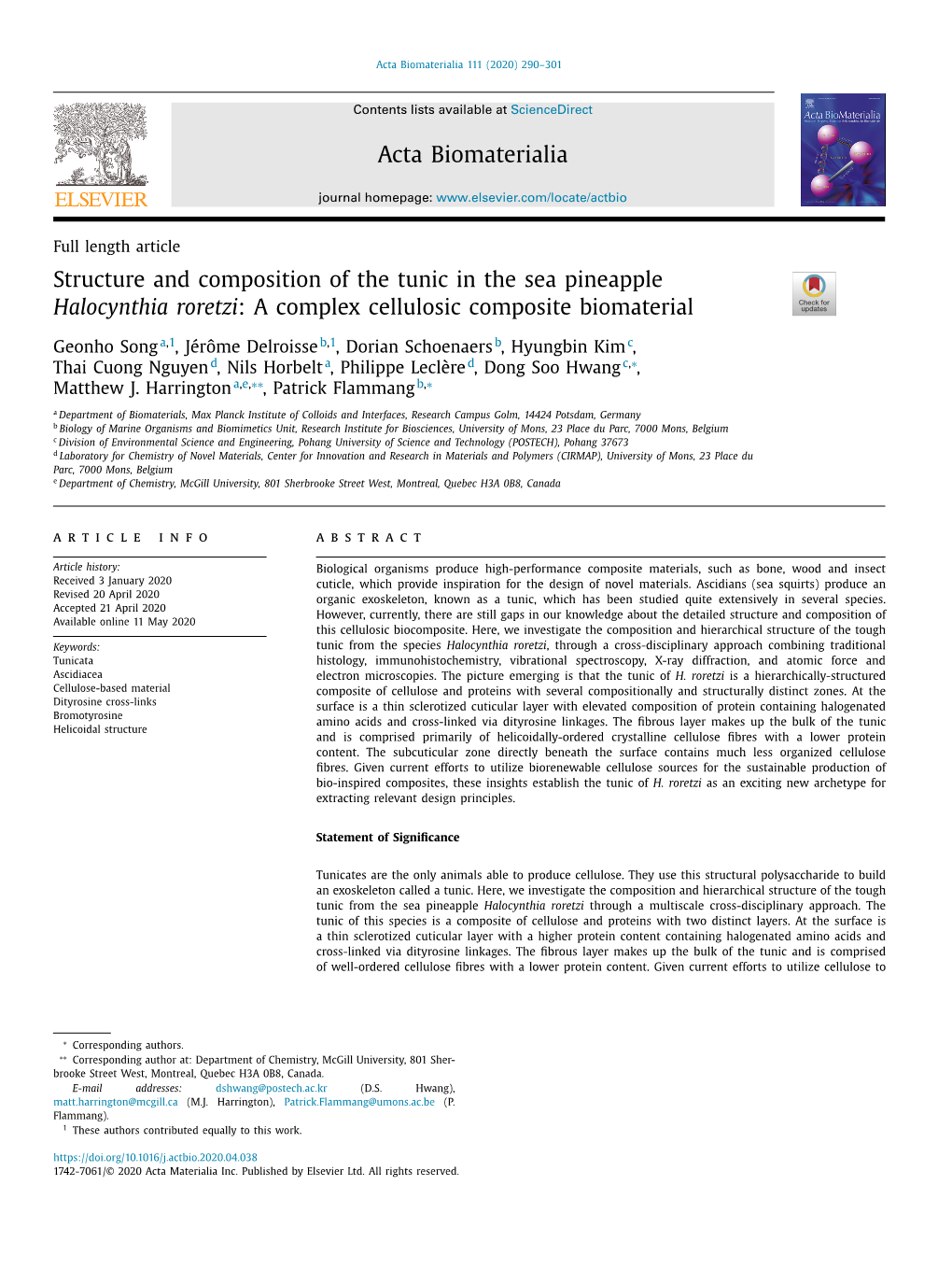 Structure and Composition of the Tunic in the Sea Pineapple Halocynthia Roretzi : a Complex Cellulosic Composite Biomaterial