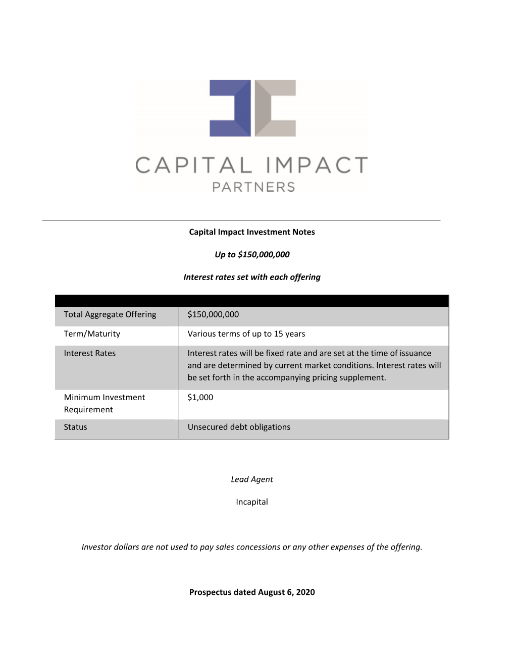 Capital Impact Investment Notes up To