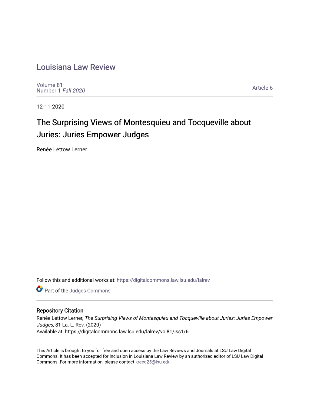 The Surprising Views of Montesquieu and Tocqueville About Juries: Juries Empower Judges