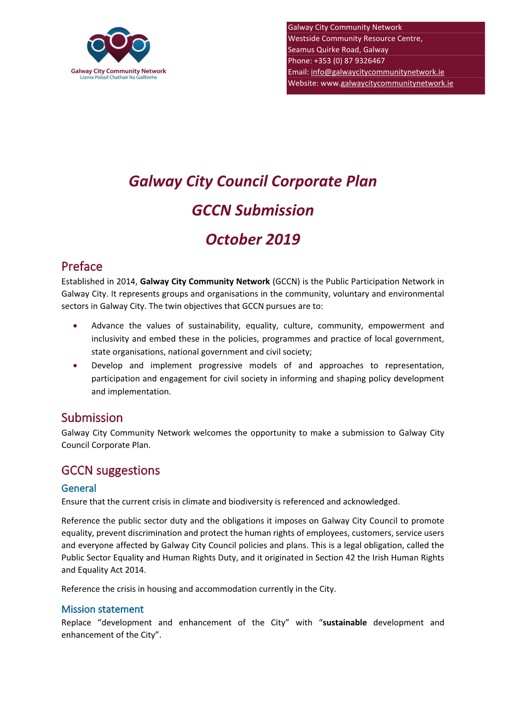 Galway City Council Corporate Plan GCCN Submission October 2019