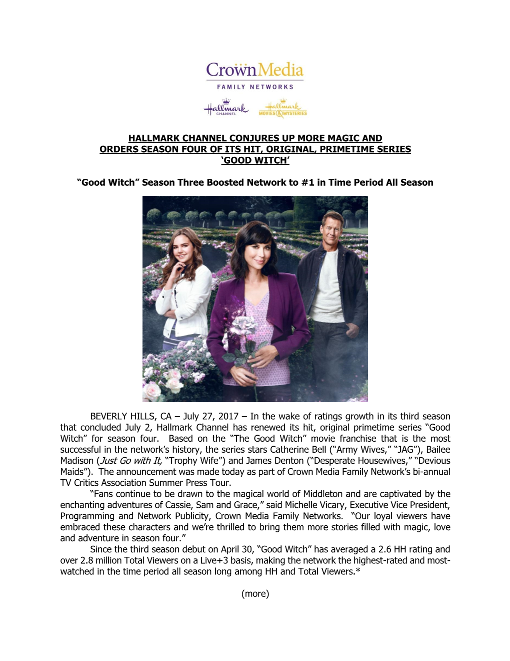 Hallmark Channel Conjures up More Magic and Orders Season Four of Its Hit, Original, Primetime Series ‘Good Witch’