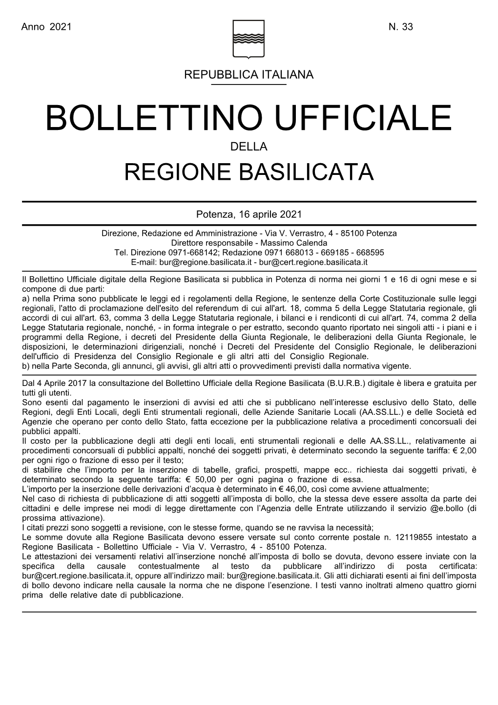 Bollettino Ufficiale Della Regione Basilicata