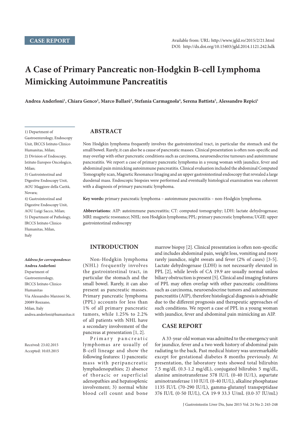 A Case of Primary Pancreatic Non-Hodgkin B-Cell Lymphoma Mimicking Autoimmune Pancreatitis