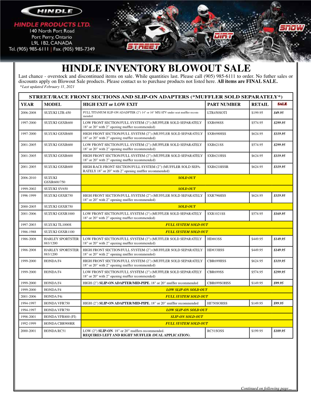 HINDLE INVENTORY BLOWOUT SALE Last Chance - Overstock and Discontinued Items on Sale