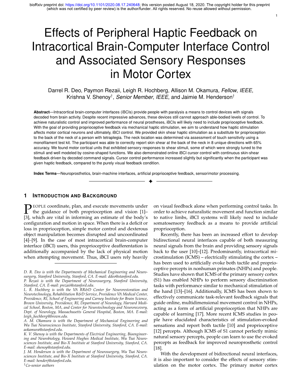 Effects of Peripheral Haptic Feedback on Intracortical Brain-Computer Interface Control and Associated Sensory Responses in Motor Cortex