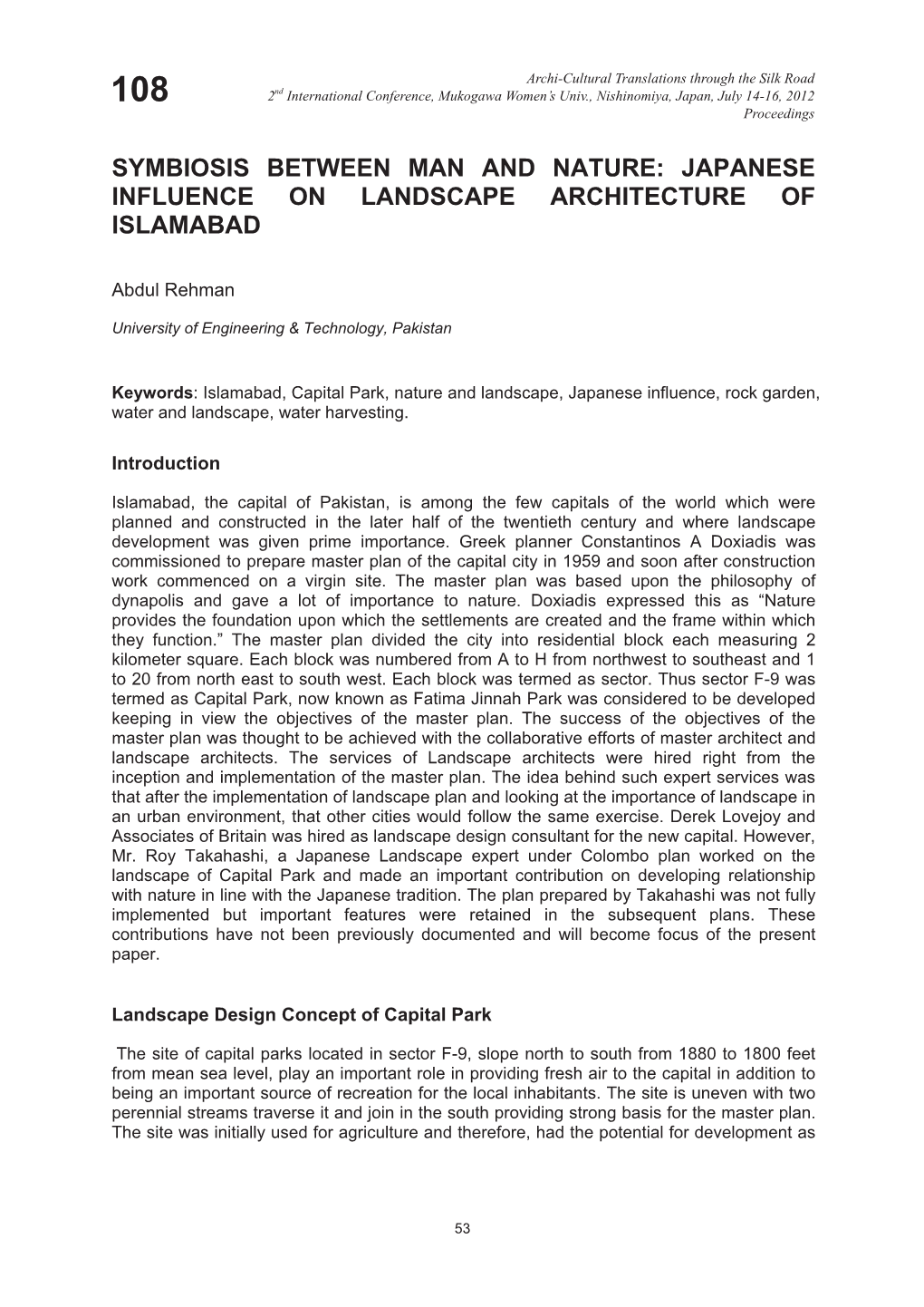 Japanese Influence on Landscape Architecture of Islamabad