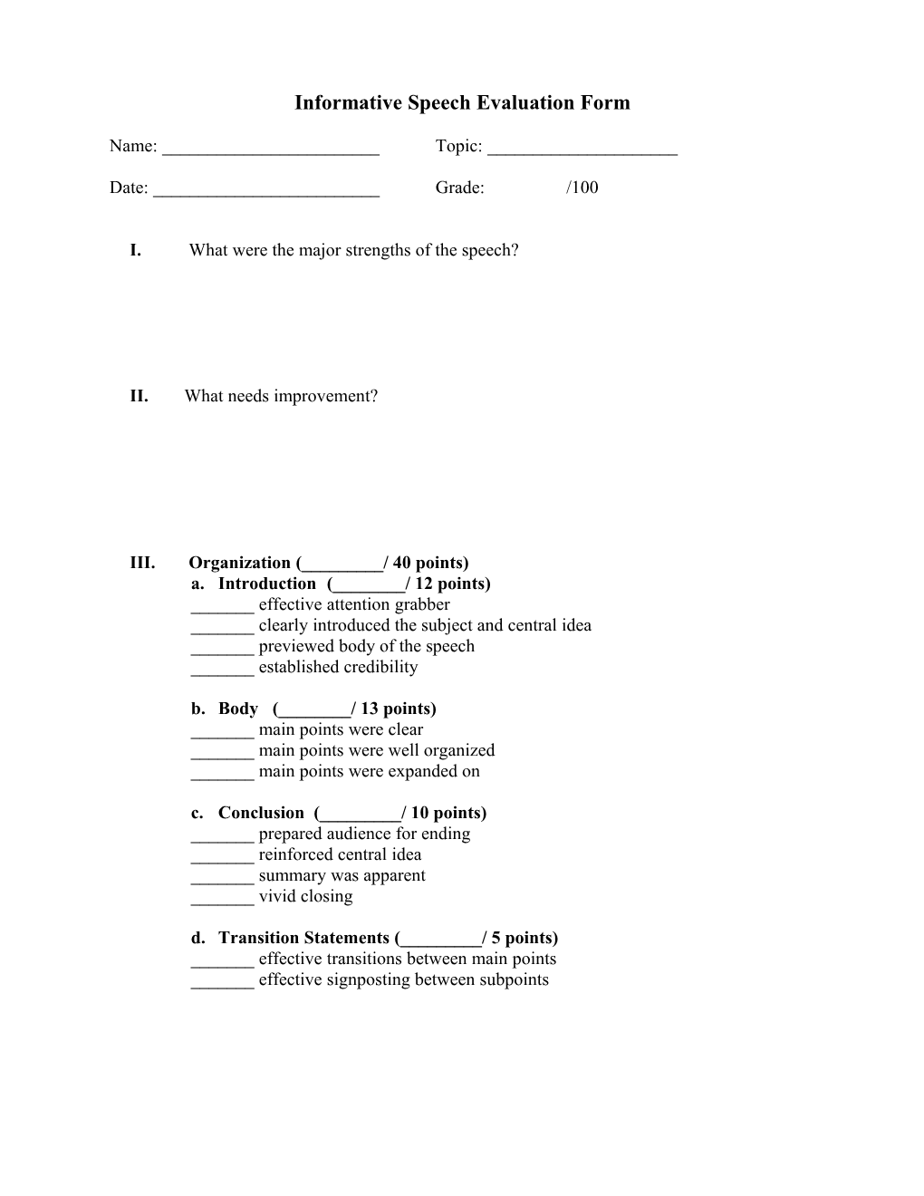 Informative Speech Evaluation Form