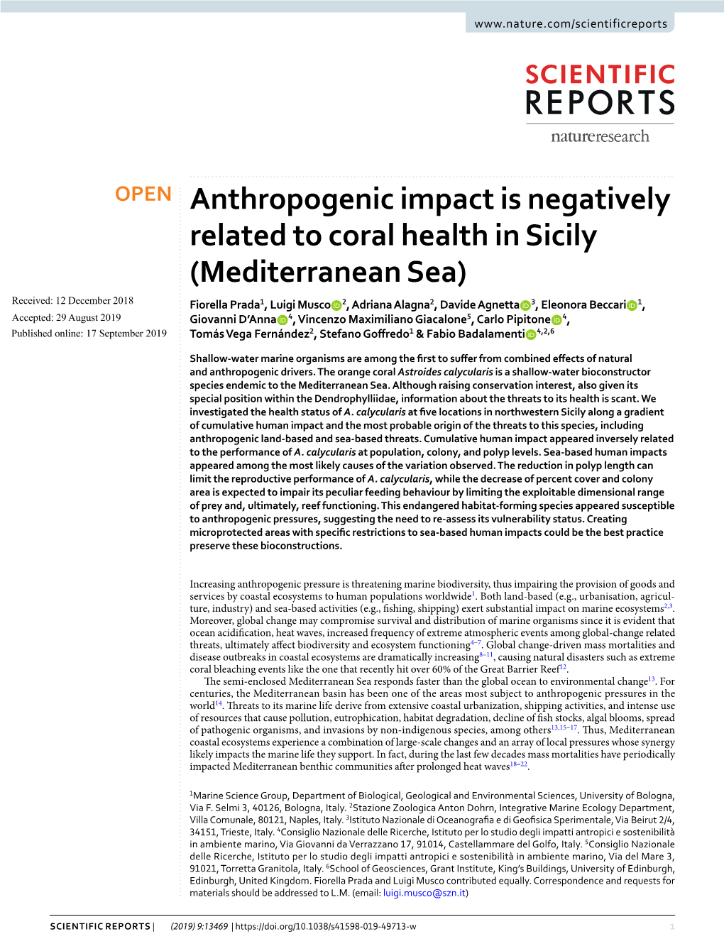 Anthropogenic Impact Is Negatively Related to Coral Health in Sicily