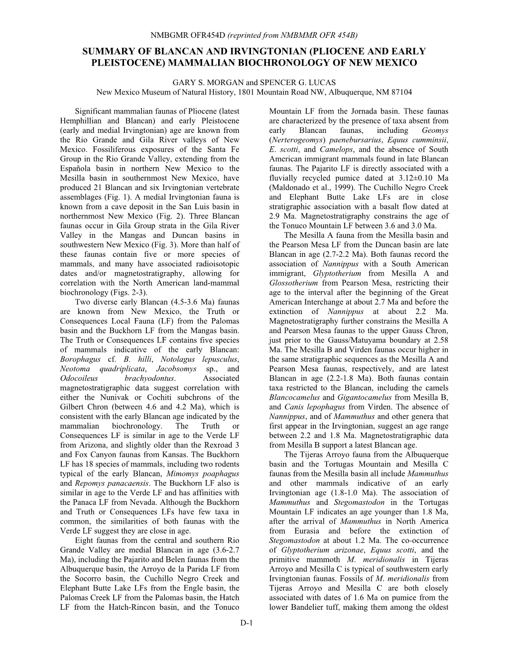 Summary of Blancan and Irvingtonian (Pliocene and Early Pleistocene) Mammalian Biochronology of New Mexico