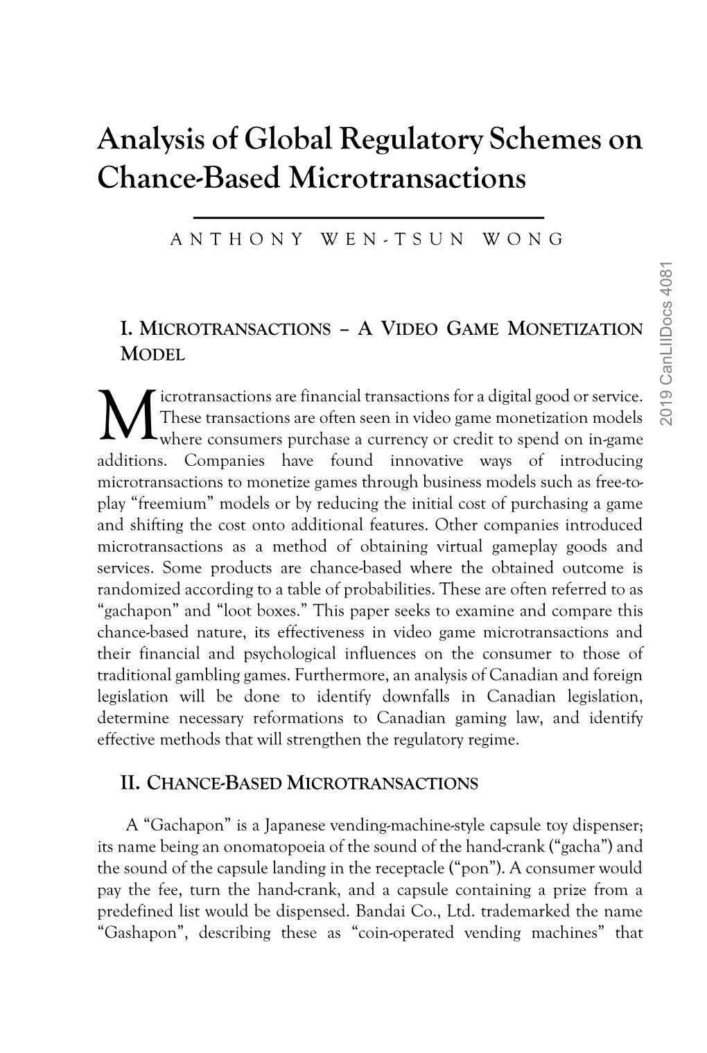 Analysis of Global Regulatory Schemes on Chance-Based Microtransactions