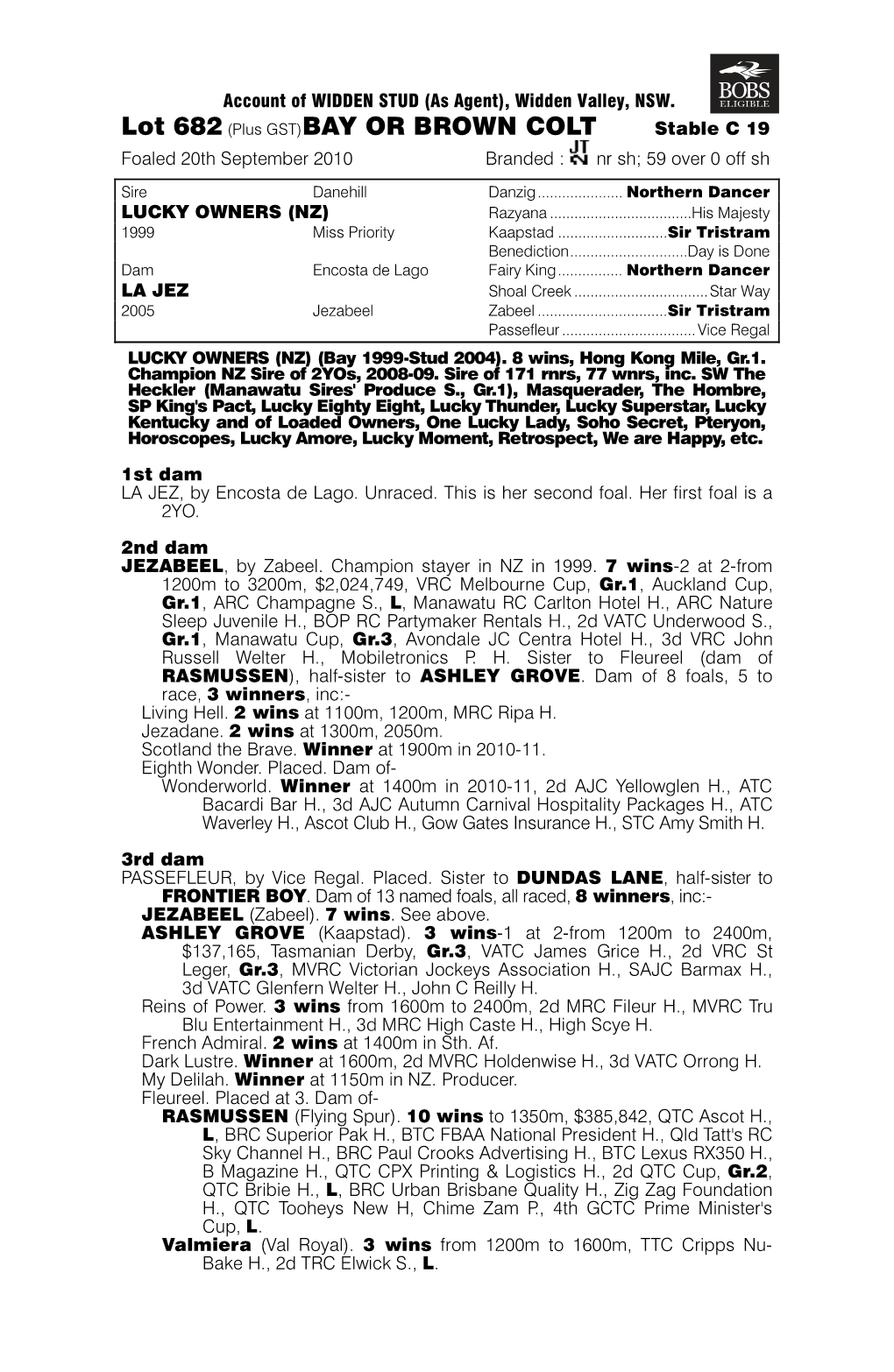 Lot 682 (Plus GST)BAY OR BROWN COLT Stable C 19 Foaled 20Th September 2010 Branded : Nr Sh; 59 Over 0 Off Sh