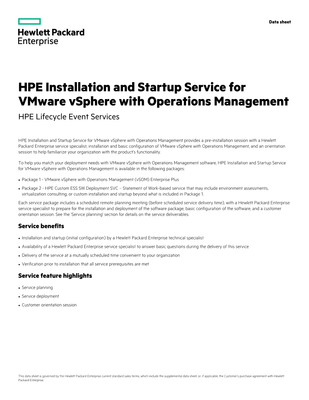 HPE Installation and Startup Service for Vmware Vsphere with Operations Management HPE Lifecycle Event Services