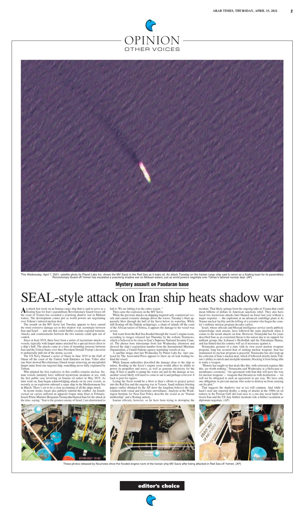 SEAL-Style Attack on Iran Ship Heats Shadow War N Attack Last Week on an Iranian Cargo Ship That Is Said to Serve As a Halt It