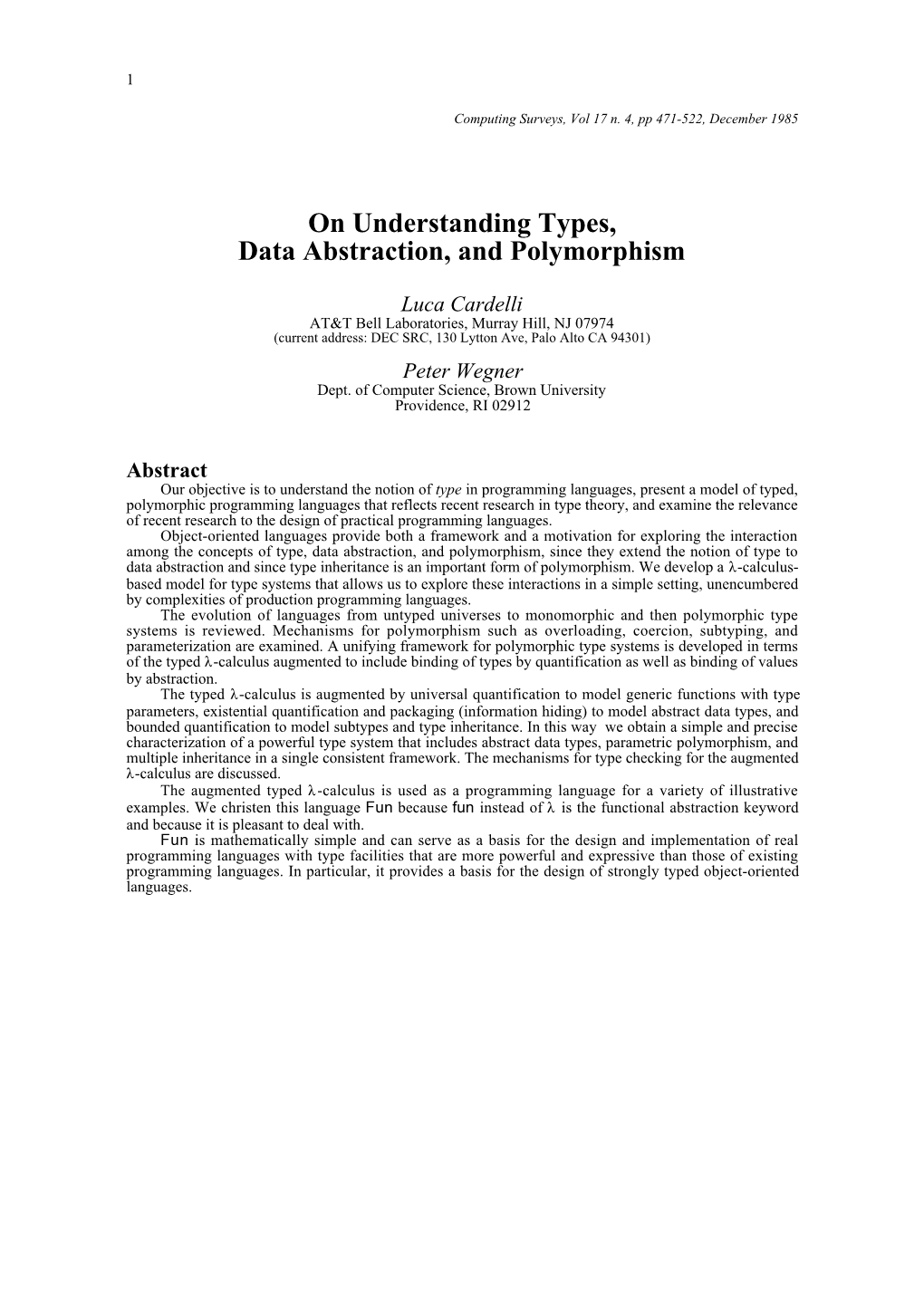 On Understanding Types, Data Abstraction, and Polymorphism