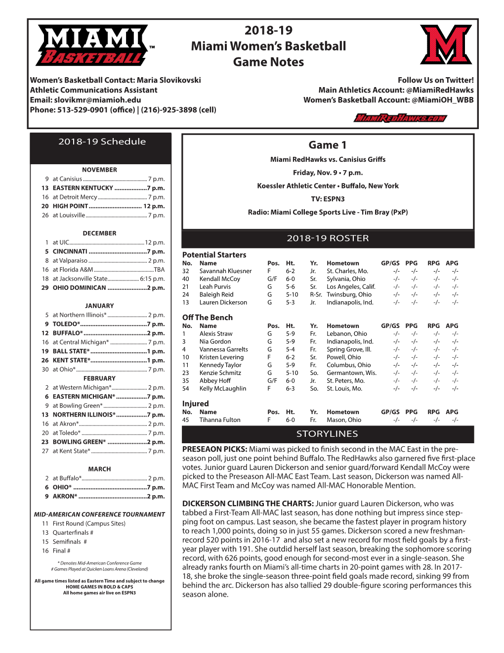 2018-19 Miami Women's Basketball Game Notes