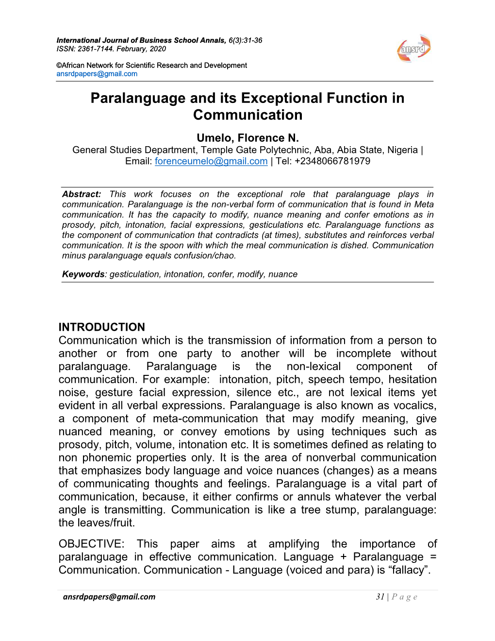 Paralanguage and Its Exceptional Function in Communication Umelo, Florence N