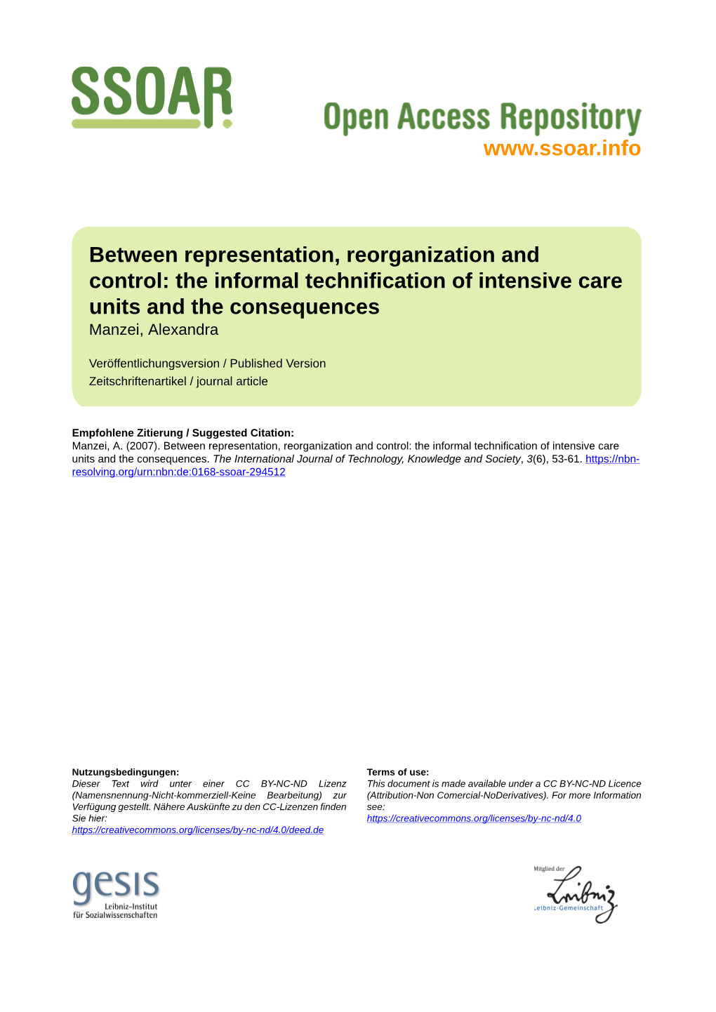 The Informal Technification of Intensive Care Units and the Consequences Manzei, Alexandra
