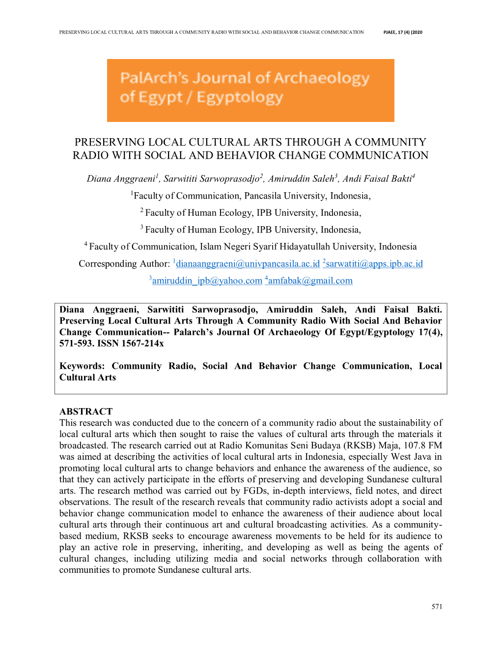 Preserving Local Cultural Arts Through a Community Radio with Social and Behavior Change Communication Pjaee, 17 (4) (2020