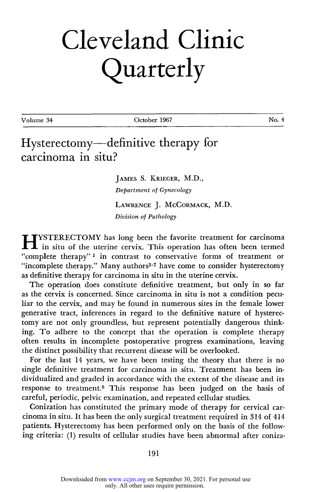 Hysterectomy—Definitive Therapy for Carcinoma in Situ?