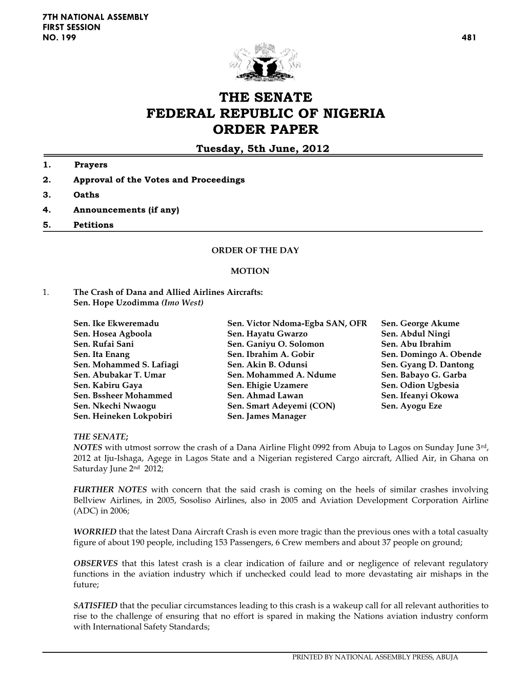 The Senate Federal Republic of Nigeria Order Paper