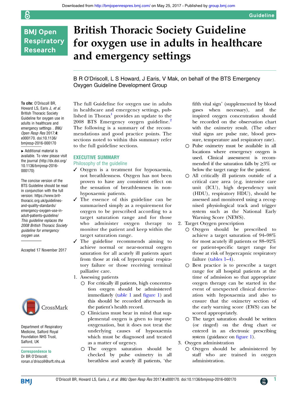 British Thoracic Society Guideline for Oxygen Use in Adults in Healthcare and Emergency Settings