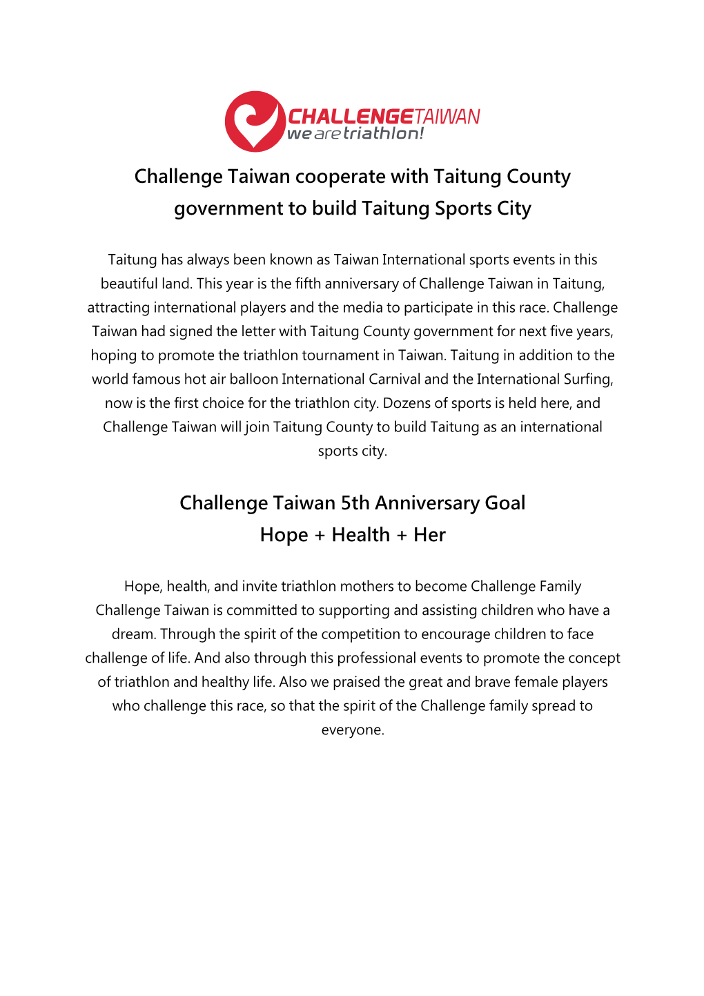 Challenge Taiwan Cooperate with Taitung County Government to Build Taitung Sports City