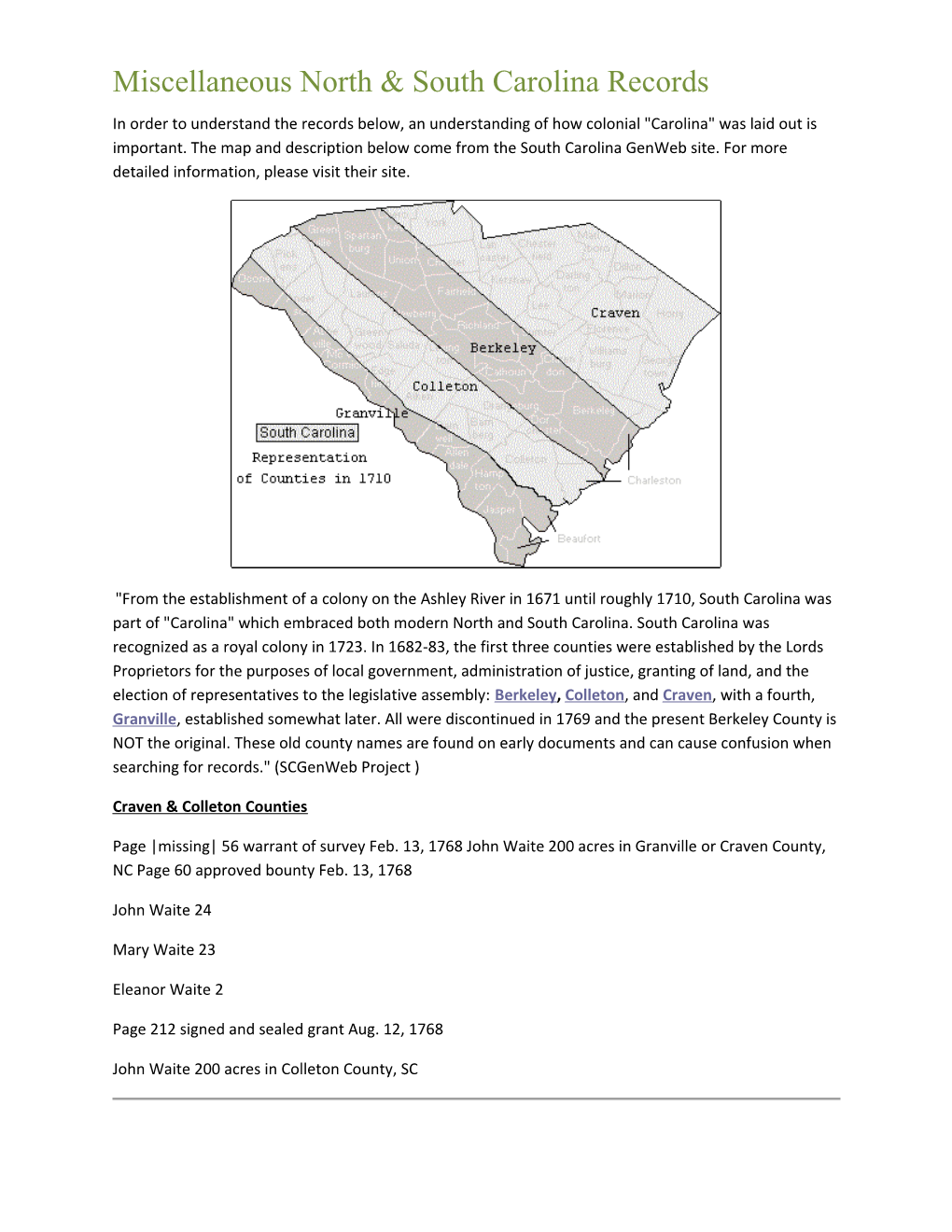 Miscellaneous North & South Carolina Records