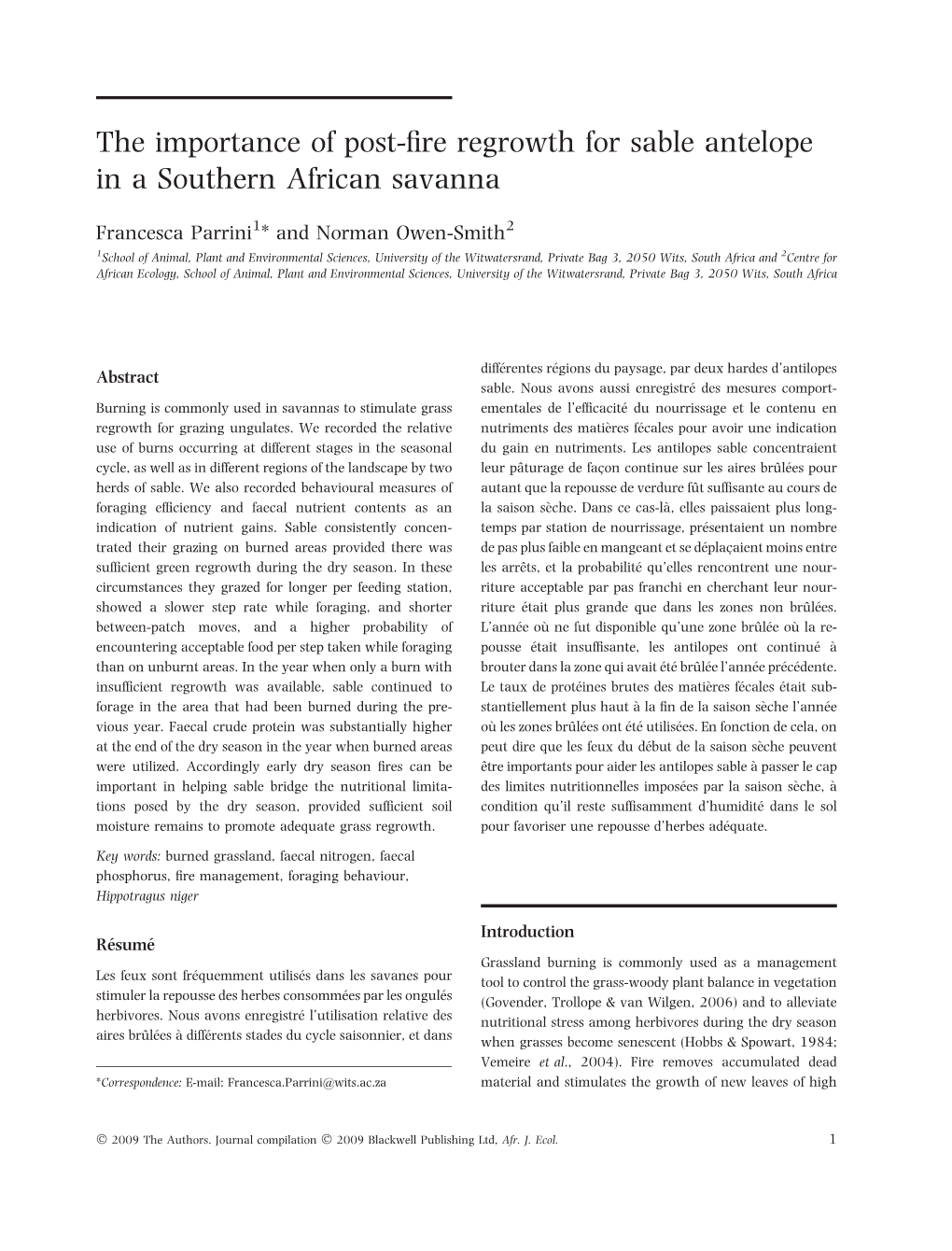 The Importance of Post-Fire Regrowth for Sable Antelope in a Southern