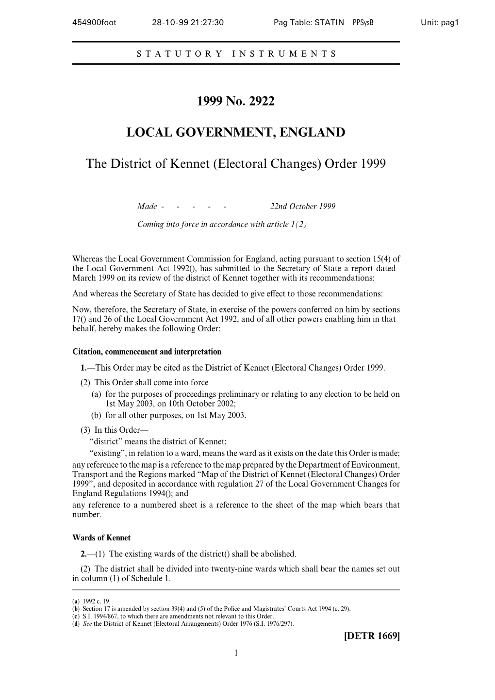 1999 No. 2922 LOCAL GOVERNMENT, ENGLAND The