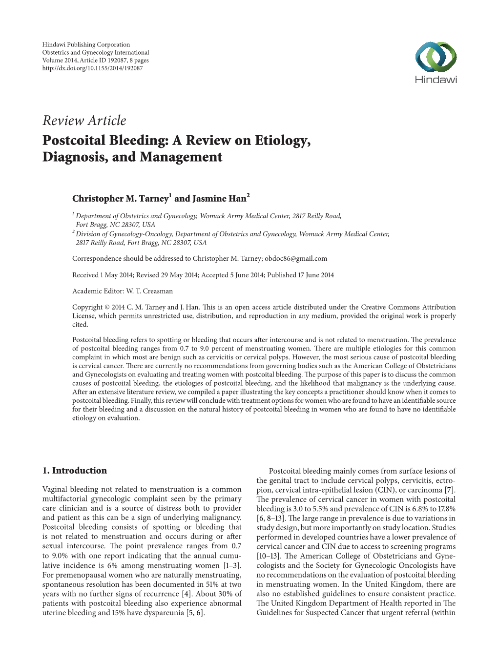 Review Article Postcoital Bleeding: a Review on Etiology, Diagnosis, and Management