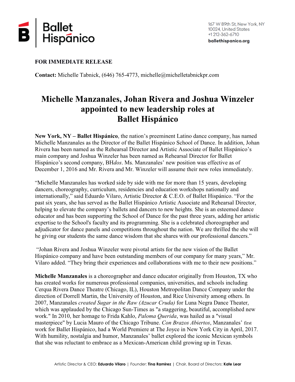 Michelle Manzanales, Johan Rivera and Joshua Winzeler Appointed to New Leadership Roles at Ballet Hispánico