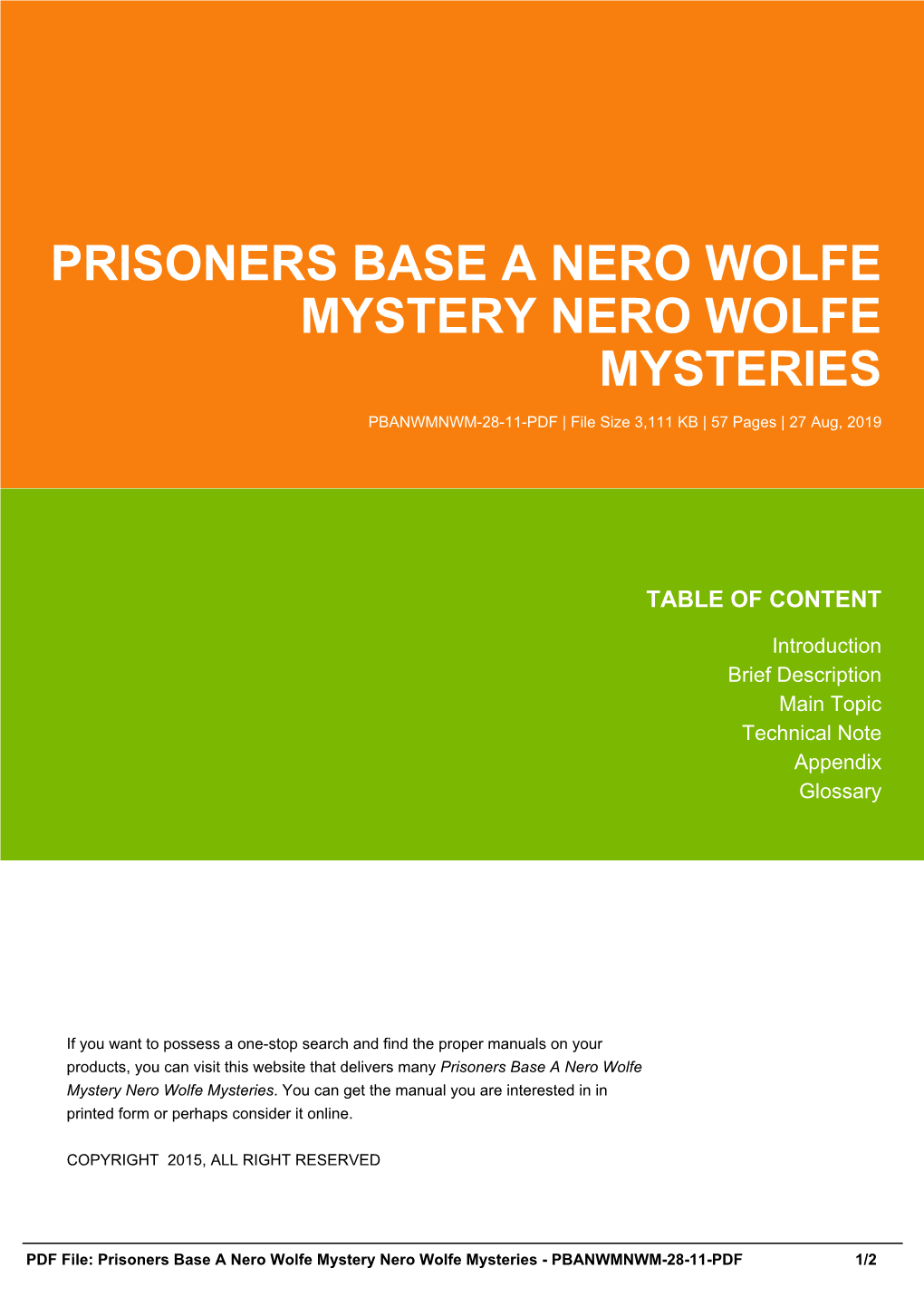 Prisoners Base a Nero Wolfe Mystery Nero Wolfe Mysteries