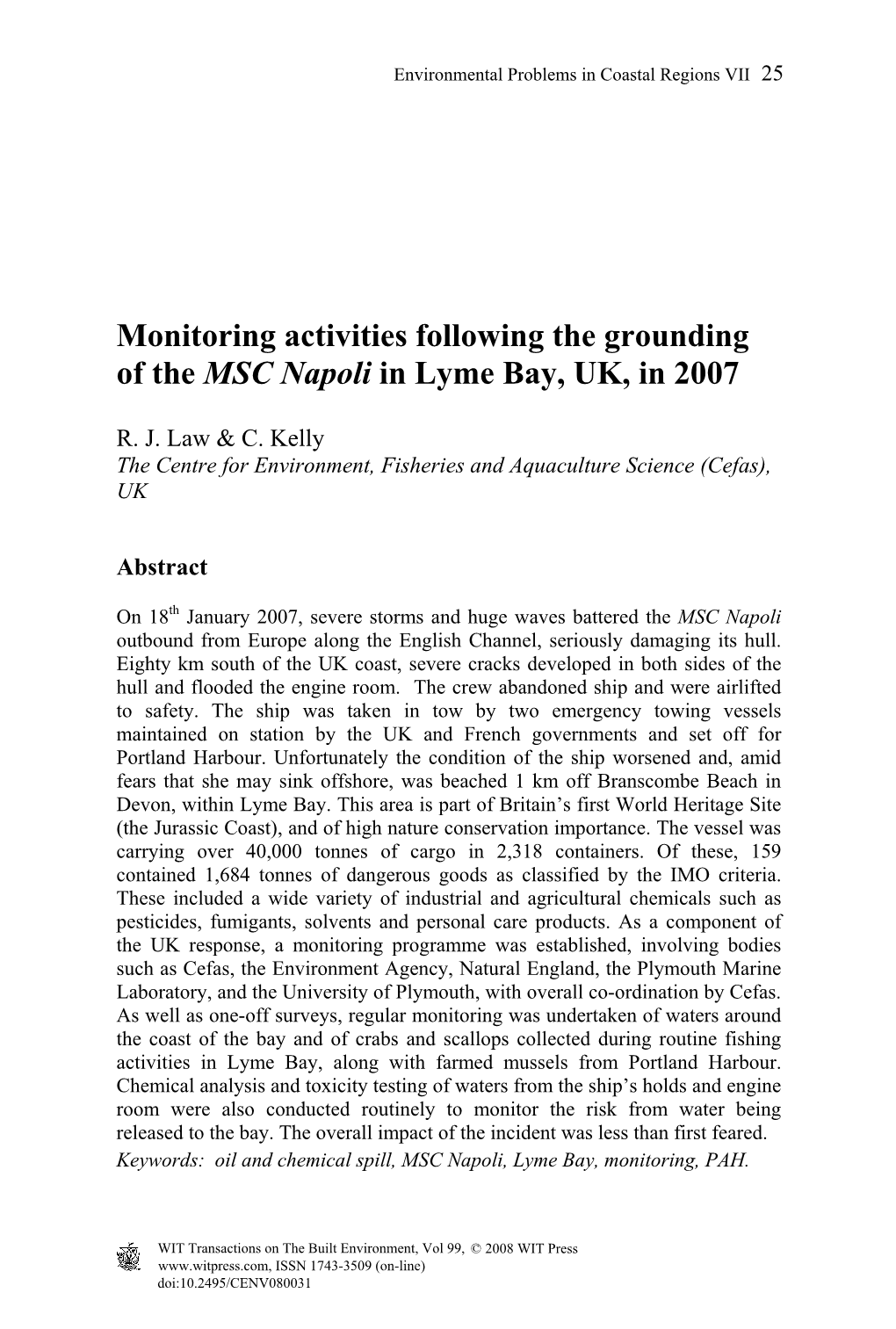 Monitoring Activities Following the Grounding of the MSC Napoli in Lyme Bay, UK, in 2007