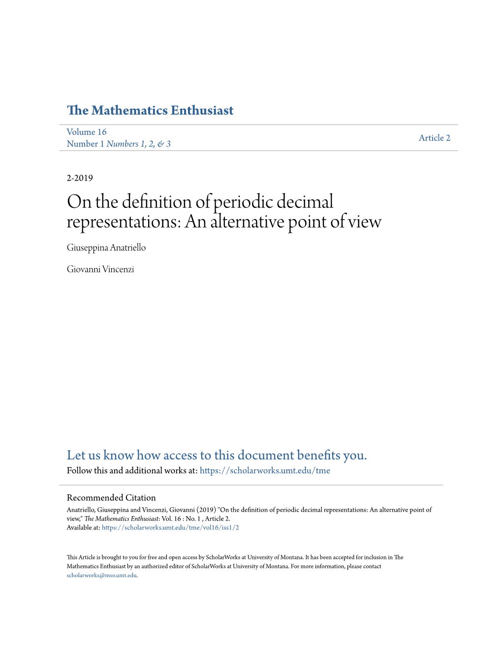 On the Definition of Periodic Decimal Representations: an Alternative Point of View Giuseppina Anatriello