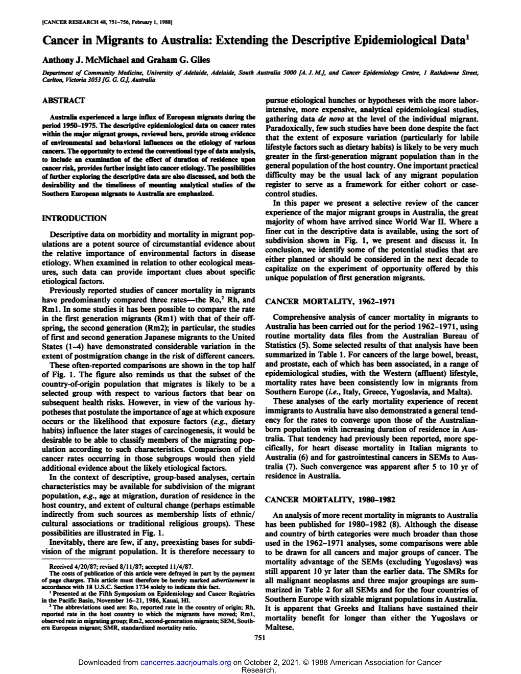 Cancer in Migrants to Australia: Extending the Descriptive Epidemiological Data1